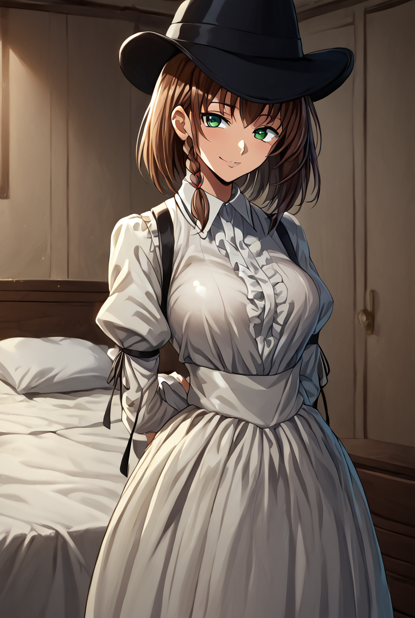 score_9, score_8_up, score_7_up,BREAK source_anime
masterpiece,8k,uncensored,(highres:1.3),high resolution, unity 8k wallpaper, detailed face, detailed CG, (perfect hands:1.5, perfect anatomy), (high quality, best quality) (curvy:1.2)(shiny skin:1.4) (oily skin:1.4)
evil smile, gesugao, shaded face, wide_smile,
bed, bedroom, downblouse,
standing, legs together, arm behind back, holding knife, 
 <lora:charlotte_corday:1>short hair, brown hair, braid, green eyes, hat, white shirt, long sleeves, ribbon, red flower, black flower, white skirt.     
 <lora:Code geass:1>