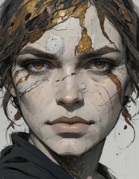 Close up portrait in Ev Ganin II style.
A black and gold black-toned Op Art photo of an abyssal futuristic crying womans face in a bright pristine hell, intricate white and black and bronze ebru, damaged, wartorn, billowing dark glitter, very detailed. <lora:Ganin_II:1.0>