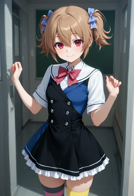 solo, 1girl, <lora:Irisu_Makina_20:1>, red eyes, brown hair, hair between eyes, short hair, short twintails, hair bow,
M4k1Sch, blue bow, asymmetrical dress, two-tone dress, blue dress, black dress, double-breasted, red bowtie, plaid bowtie, sailor collar, short sleeves, white sleeves, frills, mismatched legwear, asymmetrical legwear, pink striped thighhighs, black striped thighhighs, yellow thighhighs,
looking at viewer, smile, hands up, standing, school, very awa, masterpiece, best quality, highres, absurdres