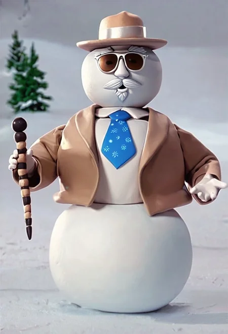 (score_9, score_8, score_7), masterwork, masterpiece, best quality,, elfsnm, cartoon snowman, two round snowball body, white face, black mustache and goatee, wearing beige jacket and hat, blue necktie with white snowflakes, black sunglasses, holding black and white striped cane, vintage style character,dynamic pose, dynamic angle
