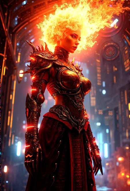 3DMM, photorealistic image of a warrior queen with fire-infused scale armor, her hair blazing like a crown, in a digital fortress with intricate circuit patterns and neon lights, combining elements of fantasy and futuristic technology, glowing circuitry and fire reflections, ultra-detailed textures, dramatic lighting, next-gen graphics, high-definition, complex composition, cinematic