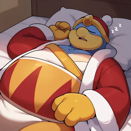 <lora:King_Dedede_Kirby_-_Lora:1> 1boy, dedede, hat, red coat, belly belt, robe, gloves, lying, on back, sleeping, Cartoonized, (masterpiece, masterwork:1.2)