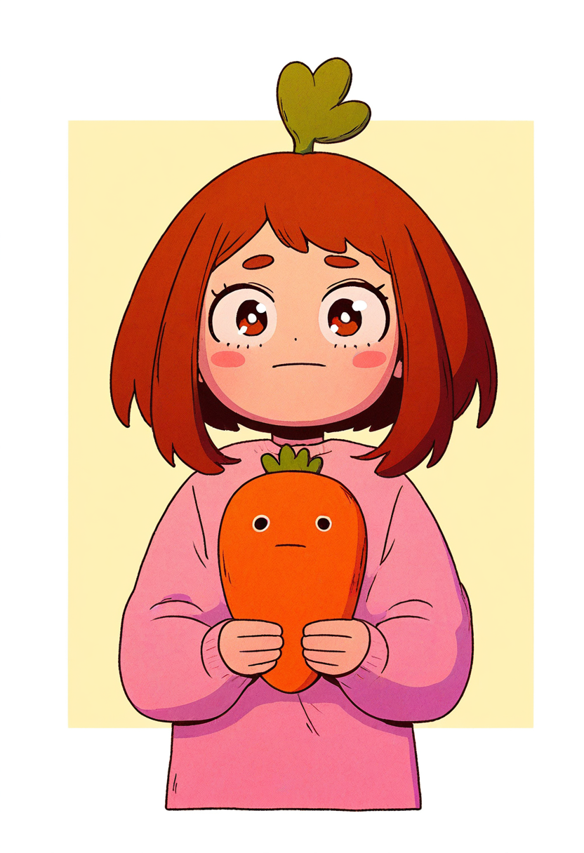 x3t4, masterpiece, cartoon,   best quality, detailed,  solo,   uraraka ochako, holding small carrot, wide eyes, eyes looking left at carrot. worried,