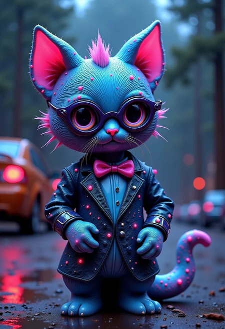 professional photography of a  cat made of opal, wearing tuxedo, black eye glasses and holding a gun, in a parking lot, elaborate fantasy style art, very colorful, intricate details, ultra sharp, exquisite detail, flawless composition, vivid colors, masterpiece, exciting background, a 3d text across screen saying "John Kitty" written in a stylish font,