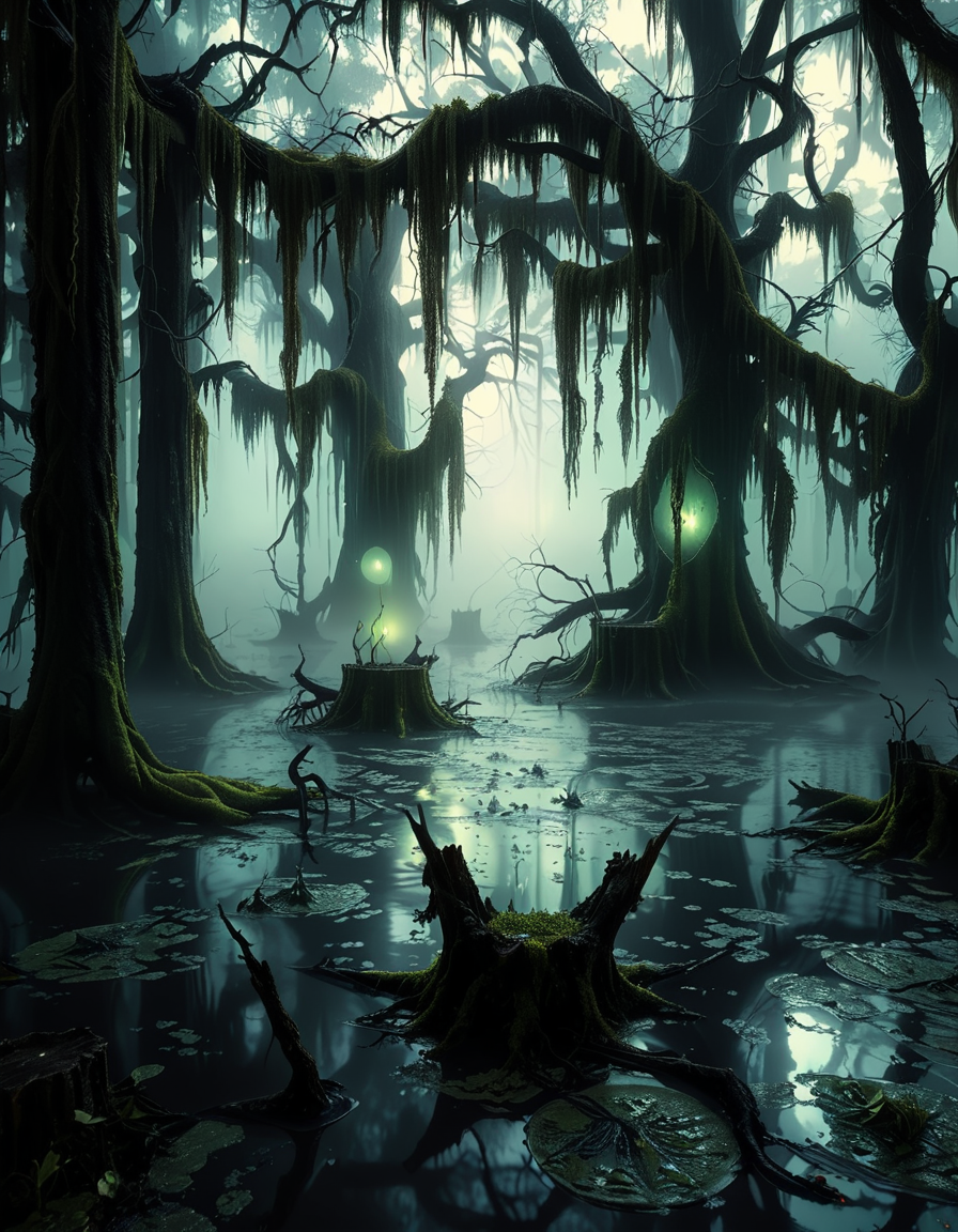 A demonic fairy woman sitting gracefully in an ominous swamp,0m1n0us sw4mp. She has a hauntingly beautiful appearance, with translucent, tattered wings resembling those of an insect, glowing faintly in a dark, eerie hue. Her skin is pale with subtle, intricate patterns like magical runes etched into it, and her eyes glow with an unsettling red or violet light. She wears an ethereal, dark gown made of shredded, otherworldly fabric that appears to flow like smoke, blending with the mist of the swamp. Her hair is long, wild, and black with streaks of silvery white, floating slightly as if affected by unseen magical energy.
The swamp around her is dark and foreboding, with twisted, gnarled trees reaching out like claws. The water is murky, reflecting a pale, sickly green glow from bioluminescent plants and fungi scattered throughout. The air is filled with a faint, ghostly mist, and strange, faint lights hover in the background, adding a mystical atmosphere. The lighting is dim, with a soft, ethereal glow illuminating the fairy woman from below, contrasting with the deep shadows of the swamp. The mood is dark, mysterious, and magical, evoking both beauty and menace.<lora:SDXLFaeTastic2400:0.4> <lora:extremely_detailed:0.4> extremely detailed, <lora:0m1n0us_sw4mp:1>, Masterpiece,best quality,hi res,8k,hi res,8k,award winning,(sharp focus, intricate, highly detailed),