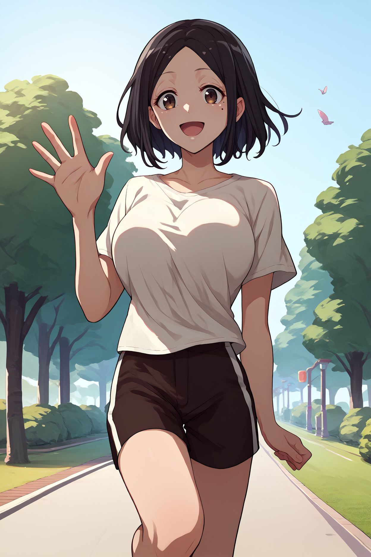 score_9, score_8_up, score_7_up, score_6_up, source_anime, 1girl, solo,  <lora:tachibanasatomi-pdxl-nvwls-v1-000006:1> tsato, black hair, short hair, mole under eye, white t-shirt, black shorts, happy, open mouth, big breasts, looking at you, waving, trees, park