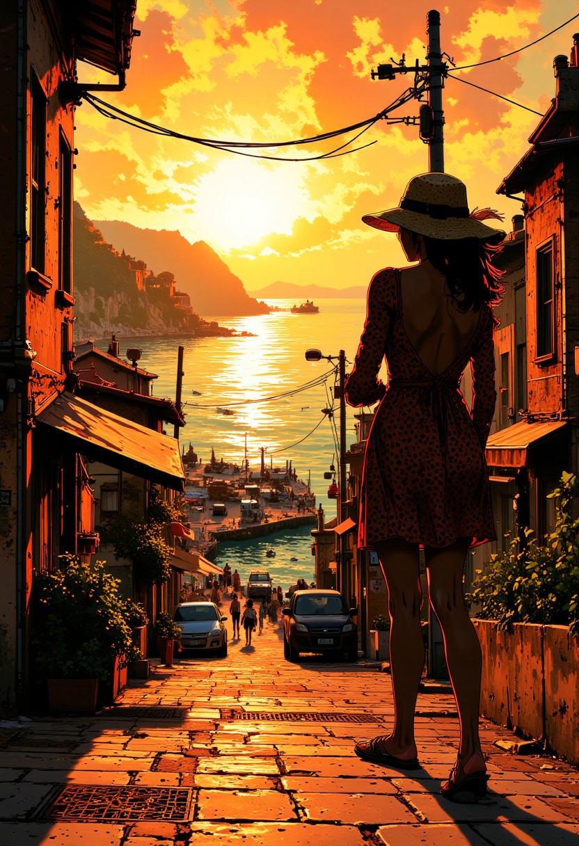 inksketch of a woman in a sundress, wearing a floppy hat, on a street in a seaside town, overlooking a harbour and the ocean, sunset, silhouetted, chiascuro