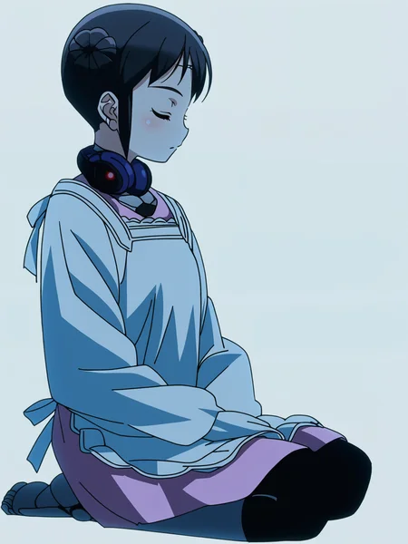 score_9, source_anime, masterpiece, best quality, (white background:1.4), <lora:Mina_PDXLv0.1:0.9> 1girl, mina, double braided bun, short hair, neck charger, dress, white apron, seiza, sitting, closed eyes, full body,, detailed, beautiful