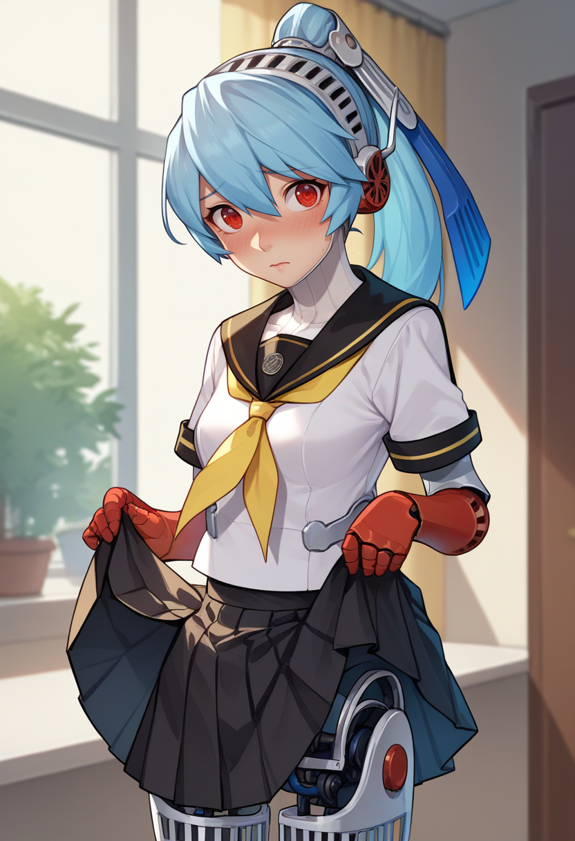 score_9, score_8_up, score_7_up, source_anime, solo, 1girl, p4labrys, android, robot joints, blush, shy, looking at viewer, skirt lift, lifted by self, blue hair, ponytail, red eyes, headphones, serafuku, white shirt, yellow neckerchief, short sleeves, pleated skirt, houndstooth, indoors, bedroom <lora:persona4_labrys_ponyXL:1>