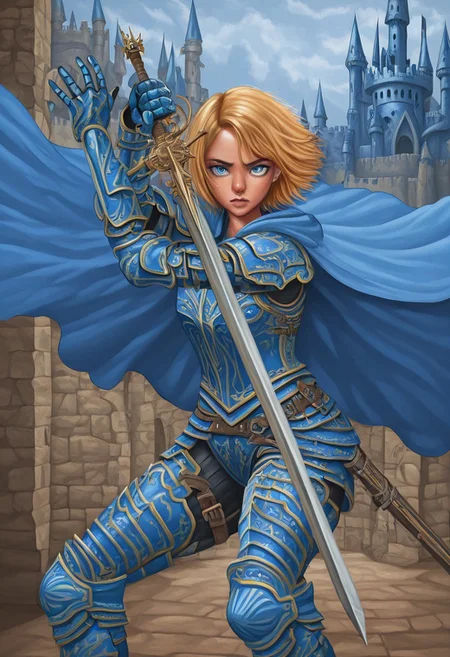 freebo_piercing, sword, sword held up defensively, high stance, solo, front view, looking at viewer, 1girl, anime, armor, holding sword, blond hair, short hair, blue eyes, cape, fantasy castle, freebo_alloy