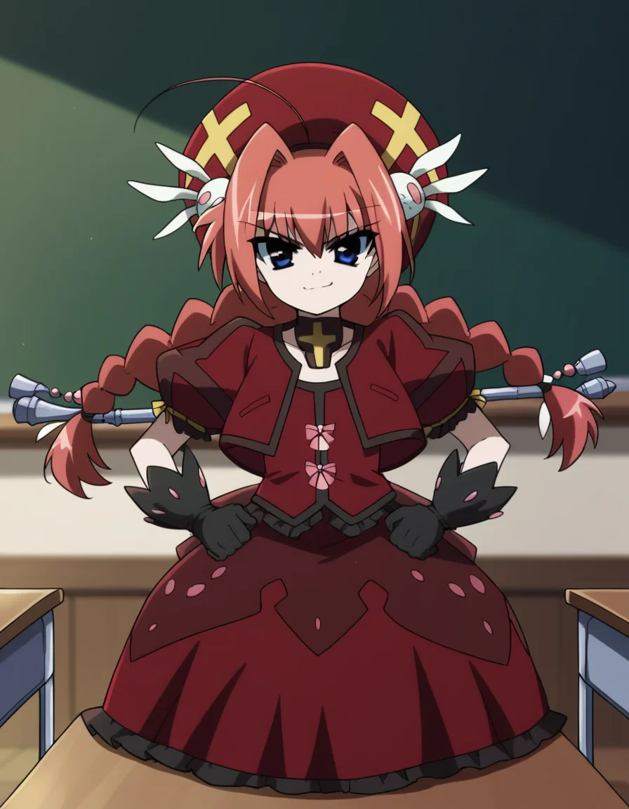 score_9, score_8_up, score_7_up, source_anime, <lora:vita-movie2-ponyxl-lora-nochekaiser:1>, vita, blue eyes, braid, ahoge, red hair, twin braids, rabbit hair ornament,, gloves, hat, dress, weapon, open clothes, open jacket, magical girl, red dress, cropped jacket, hammer,, classroom, chalkboard, day time, studying, sitting, chair, desk,, , looking at viewer, smug, hands on hips,, solo,, dutch angle,