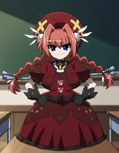 score_9, score_8_up, score_7_up, source_anime, <lora:vita-movie2-ponyxl-lora-nochekaiser:1>, vita, blue eyes, braid, ahoge, red hair, twin braids, rabbit hair ornament,, gloves, hat, dress, weapon, open clothes, open jacket, magical girl, red dress, cropped jacket, hammer,, classroom, chalkboard, day time, studying, sitting, chair, desk,, , looking at viewer, smug, hands on hips,, solo,, dutch angle,