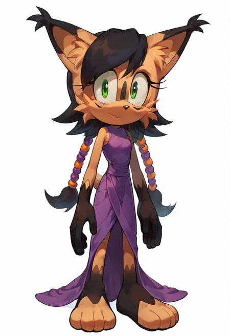 score_9, score_8_up, score_7_up, source_furry, furry female solo, nicole the lynx in sonic style, brown fluffy body fur, black short hair, hair beads, green eyes, black facial mark, small breasts, purple single-shoulder dress, feet, standing, full body, looking at viewer, white background, simple background