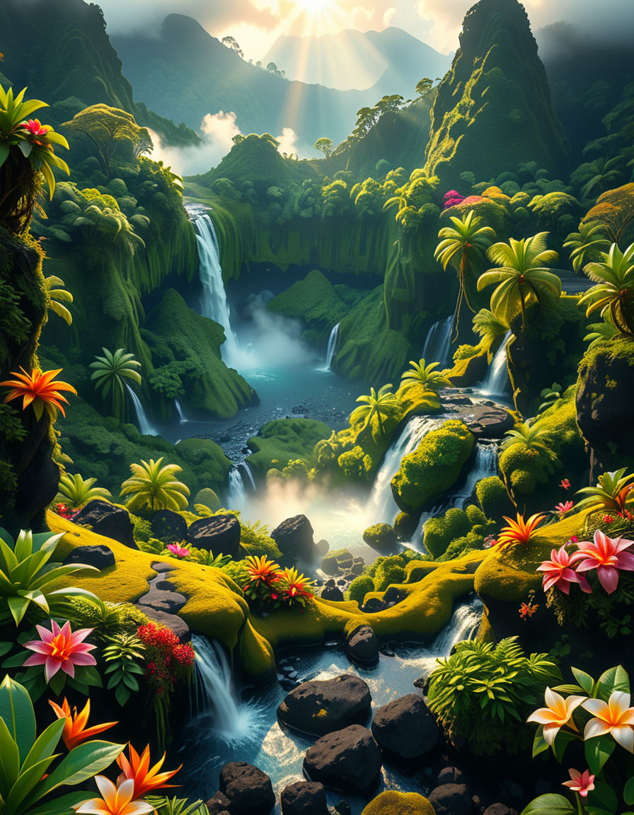 A breathtaking view of an ancient, dormant volcano now transformed into a lush, vibrant natural sanctuary. The crater is filled with dense tropical forests, colorful exotic flowers, cascading waterfalls, and mist swirling gently in the morning light. Vines and moss cover the dark volcanic rocks, and small streams wind down the slopes. while rays of sunlight pierce through the dense canopy, creating sparkling reflections on the water. The atmosphere feels peaceful, enchanted, and untouched by humans. The scene is depicted in an ultra-detailed, hyper-realistic style, with warm, soft lighting and rich, saturated colors that enhance the magical and serene mood of the landscape.
<lora:SDXLFaeTastic2400:0.4> <lora:extremely_detailed:0.4> extremely detailed, <lora:dormant_v0lc4n0:1>,dormant v0lc4n0, Masterpiece,best quality,hi res,8k,hi res,8k,award winning,(sharp focus, intricate, highly detailed),