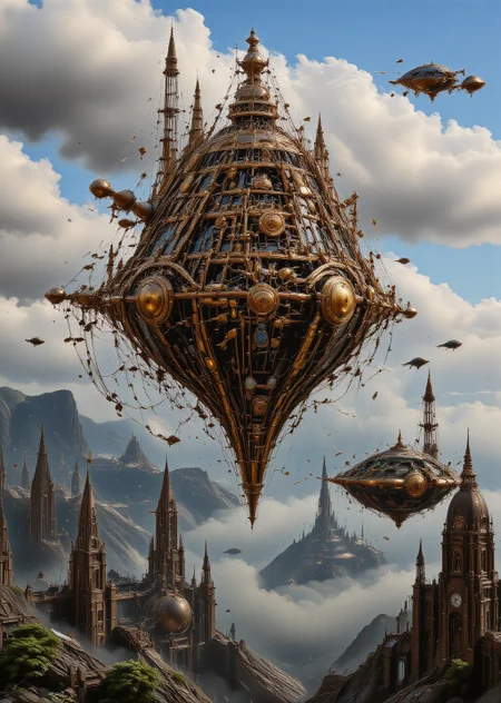 Colossal steampunk airship, ornate brass and copper detailing, sails billowing, hovers majestically above a sprawling Victorian-era cityscape. Intricate gears and pistons visible through translucent panels. Propellers whir, emitting wisps of steam. Crew members in elaborate goggles and top hats tend to gleaming machinery on the deck. Zeppelin-like envelope adorned with elaborate filigree patterns. City below shrouded in mist, clocktowers and chimneys pierce the fog. Golden sunlight glints off polished surfaces. Floating islands with hanging gardens drift nearby. Smaller vessels buzz around like mechanical insects. Hyper-detailed, 8K resolution, photorealistic rendering, atmospheric lighting, cinematic composition, <lora:moxiePunk_v20.safetensors:0.8:0.8> <lora:Sinfully_Stylish_.02_for_FLUX-000002.safetensors:0.8:0.8> <lora:flux.1_lora_flyway_Epic-detail_v2.safetensors:0.8:0.8>