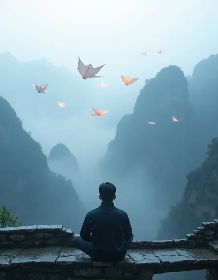 A photograph of a contemplative 24-year-old Chinese man sitting cross-legged on a stone bridge overlooking a misty mountain range in Zhangjiajie National Forest Park, where the mist has coalesced into a flock of wispy, luminescent paper kites that dance and flutter around him., <lora:amateurphoto-v5-14-15-1-1:0.4> <lora:Another_Amateur_Lora:0.4> <lora:Phlux:0.4> <lora:UltraRealistic_Lora_Project:0.4>