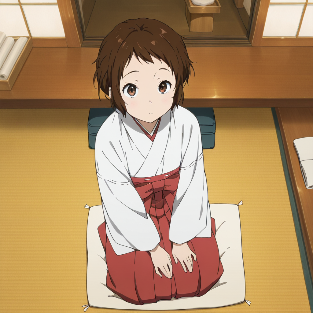 masterpiece, best quality, amazing quality,1girl, solo, kotenbu_series_lbara_mayaka, sitting, seiza, japanese clothes, brown hair, miko,short hair, brown eyes,hakama, hakama skirt, tatami, skirt, indoors, kimono, looking at viewer, <lora:Ibara_Mayaka_-_Kotenbu_Series:0.7>