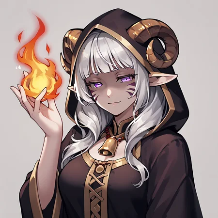 <lora:fireball:0.6>, fireball, magic on hand, looking at viwer:1.2, source_anime, source_furry, score_7_up, rating_safe, cowboy shot, gold necklace, tiefing, short pointed ears,brown horns, (a pair of brown sheep Horns that begin at her temples and curve back: 1.5), bangs,long silver hair long wavy hair, pale skin,<lora:whisker_markings:0.8> whisker_markings:1.4 , pointy ears, purple eyes:1.2, <lora:age_slider_v4:0.6> medium breasts, skinny female, close up, silver hair, <lora:Tieflingnew weird fantasyDND:0.3> Tiefling, pointed ears, horns, half-closed eyes:1.5,<lora:Smooth Style 2 SDXL_LoRA_Pony Diffusion V6 XL:0.5> shepherd's crook, bell, robe, hood off, <lora:Nanoless_Artist_Style_PonyXL:0.3> shaded face:1.2,