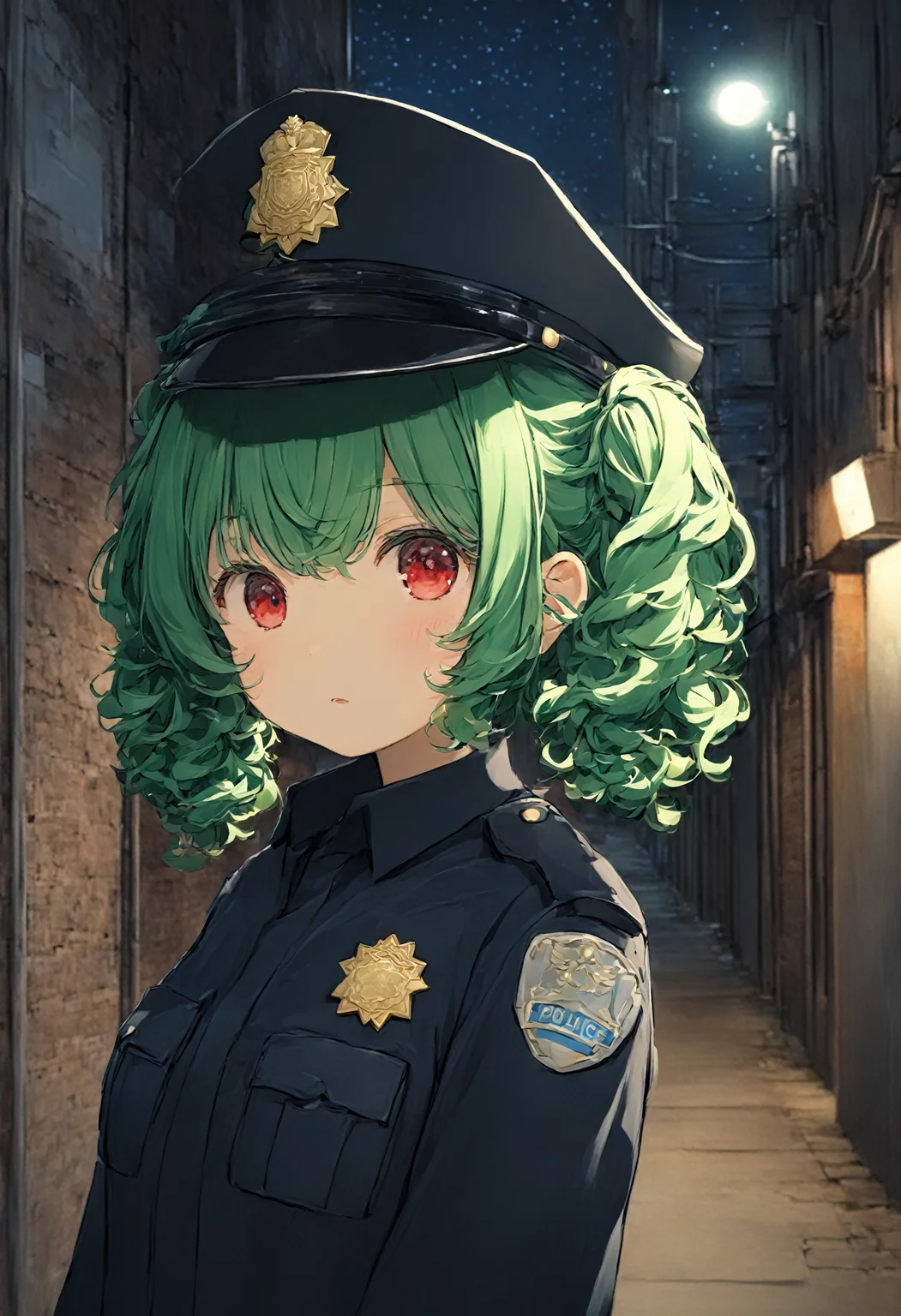 masterpiece, best quality, 4k, 8k, 1girl, medium breasts, green hair, curly hair, twintails, short hair, red eyes, (Police Uniform:1.3), police hat, alley, nighttime, <lora:naughty_to_nice_XL_v1.0:-5>