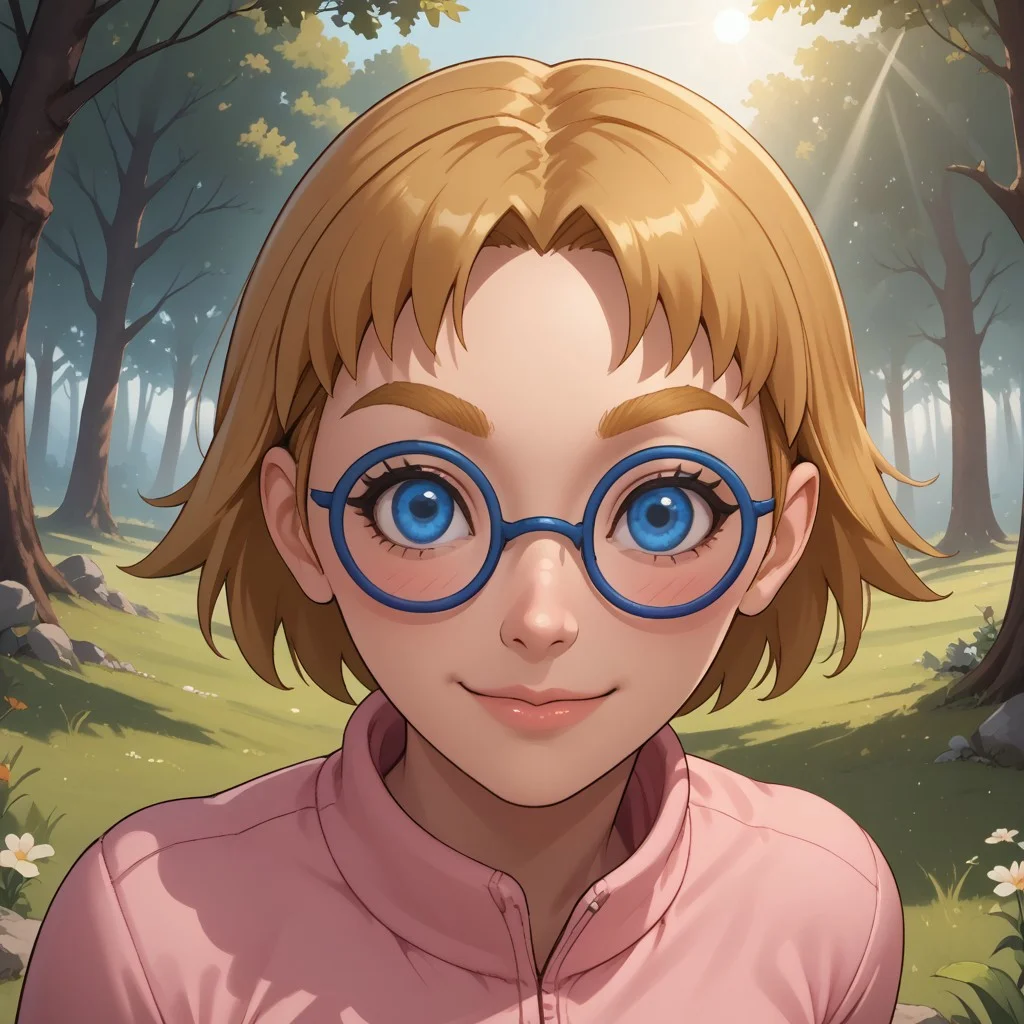 score_9, score_8, BREAK, solo, wii, mii, wii sports resort, dark blonde hair, short hair, dark blonde eyebrows, blue eyes, blue glasses, blush, pink clothing, white pants, sandals, cute, female mii, 1girl, Nintendo Mii, modern_mii, classic_mii, dot eyes, Siobhán_(\Wii_Sports_Resort\), breasts, sexy pose, self portrait, smile, outdoors, sunlight, shadows, evening lighting, natural lighting, forest, trees, grass, orange sky, sunset