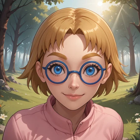 score_9, score_8, BREAK, solo, wii, mii, wii sports resort, dark blonde hair, short hair, dark blonde eyebrows, blue eyes, blue glasses, blush, pink clothing, white pants, sandals, cute, female mii, 1girl, Nintendo Mii, modern_mii, classic_mii, dot eyes, Siobhán_(\Wii_Sports_Resort\), breasts, sexy pose, self portrait, smile, outdoors, sunlight, shadows, evening lighting, natural lighting, forest, trees, grass, orange sky, sunset