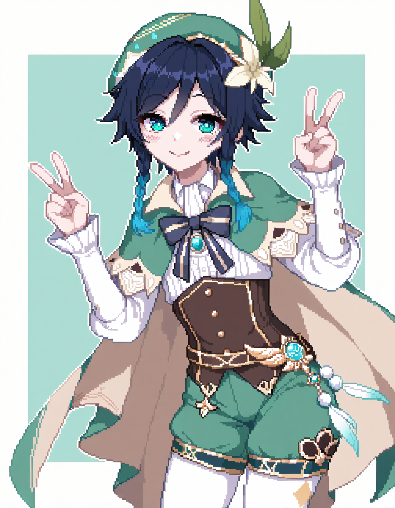 1boy, venti \(genshin impact\), white background, cowboy shot, v, smile, pixel art, <lora:pixel_style:0.8>, green background, outside border, two-tone background, simple background, capelet,, masterpiece, best quality, very aesthetic, absurdres, newest