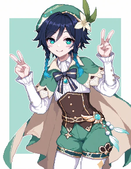 1boy, venti \(genshin impact\), white background, cowboy shot, v, smile, pixel art, <lora:pixel_style:0.8>, green background, outside border, two-tone background, simple background, capelet,, masterpiece, best quality, very aesthetic, absurdres, newest
