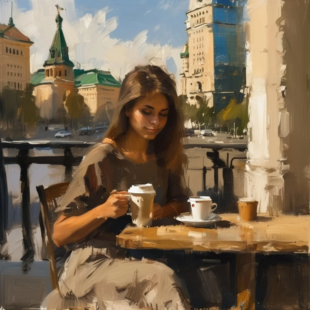 bichu,masterpiece,oil painting,cinematic scene, 20 year old girl, sitting at outdoor cafe balcony, she looked at the peaceful, sunlit Moscow square, high rise Moscow background, holding coffee cup pausing for a sip, sunshine lighting her face, relishing the aroma, focused placid expression, wearing stylish sundress, natural makeup look, intricate wood table details, compatibility and coziness, soft bokeh of traffic below, extremely detailed portrait, photorealistic materials, contentment during me-time, high resolution, shallow depth of field