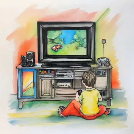 inside glass box , miniature, a 8 year old kid sitting behind of tv and play station and holding a controller ,laughing, (from above:1.4), high detail elements, solo,  <lora:crayons_v1_sdxl:1>