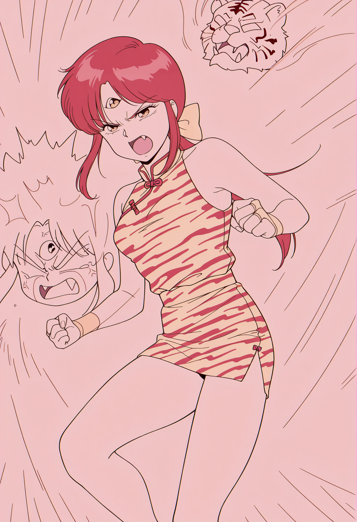 fetro_artsyle, 1980s \(style\), manga, lineart, monochrome, 1girl. red hair, parted bangs, long hair, sidelocks, low ponytail, hair bow, third eye, bare shoulders, chinese clothes, bare legs, bare arms, angry, casting spell, open mouth, fang, bare shoulders, pencil skirt, bridal gauntlets, tiger print,<lora:Pai_3x3_eyes:1>, masterpiece, best quality, amazing quality, very aesthetic, absurdres, highres, newest