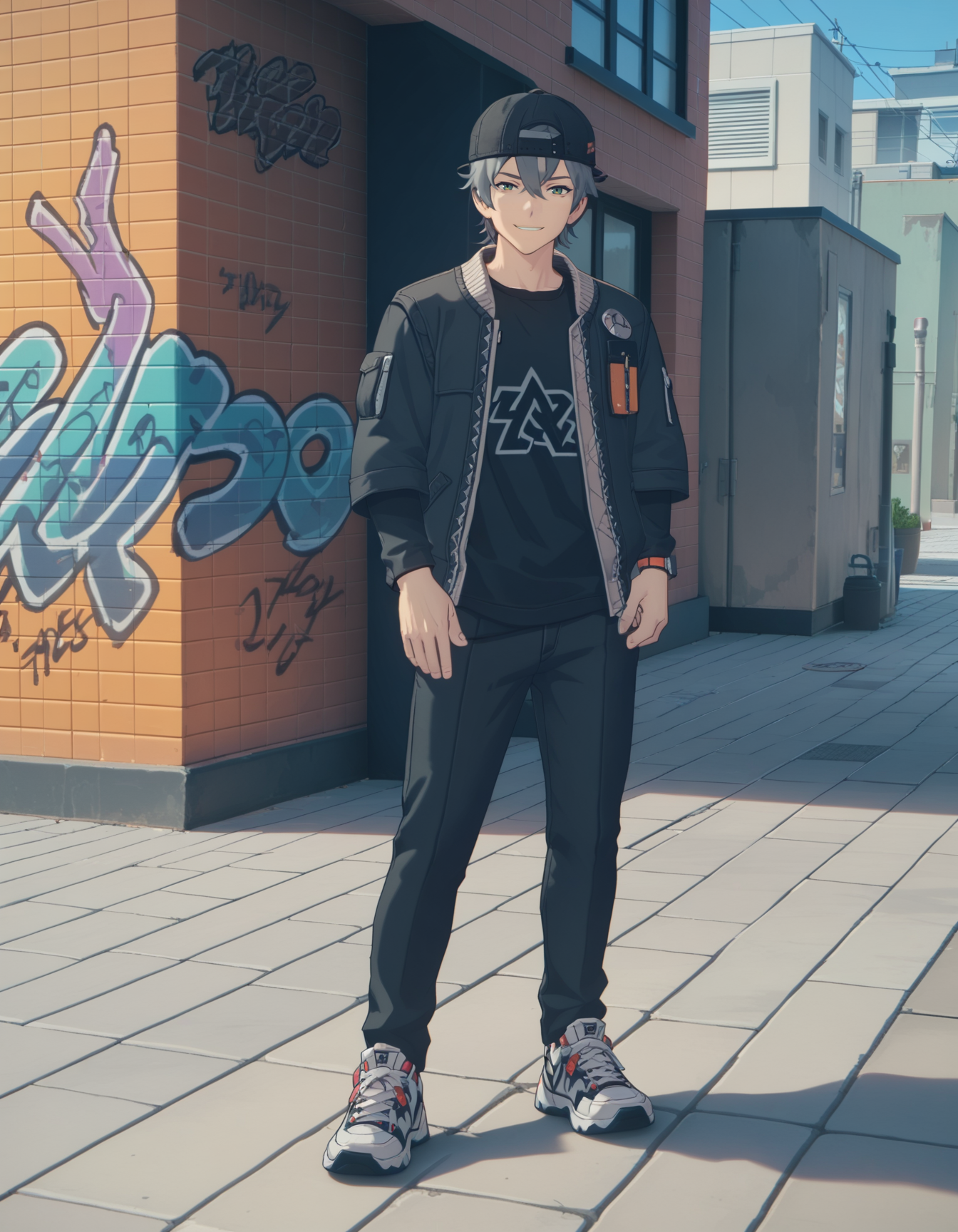 score_9,  score_8_up, score_7_up, <lora:zzz-pack-v6-ponyxl-000031:0.85> wise, jacket, black shirt, sneakers
1boy, male focus, sidewalk, pose, graffiti, backwards hat, looking at viewer, smile