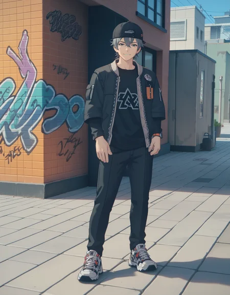score_9, score_8_up, score_7_up, <lora:zzz-pack-v6-ponyxl-000031:0.85> wise, jacket, black shirt, sneakers
1boy, male focus, sidewalk, pose, graffiti, backwards hat, looking at viewer, smile
