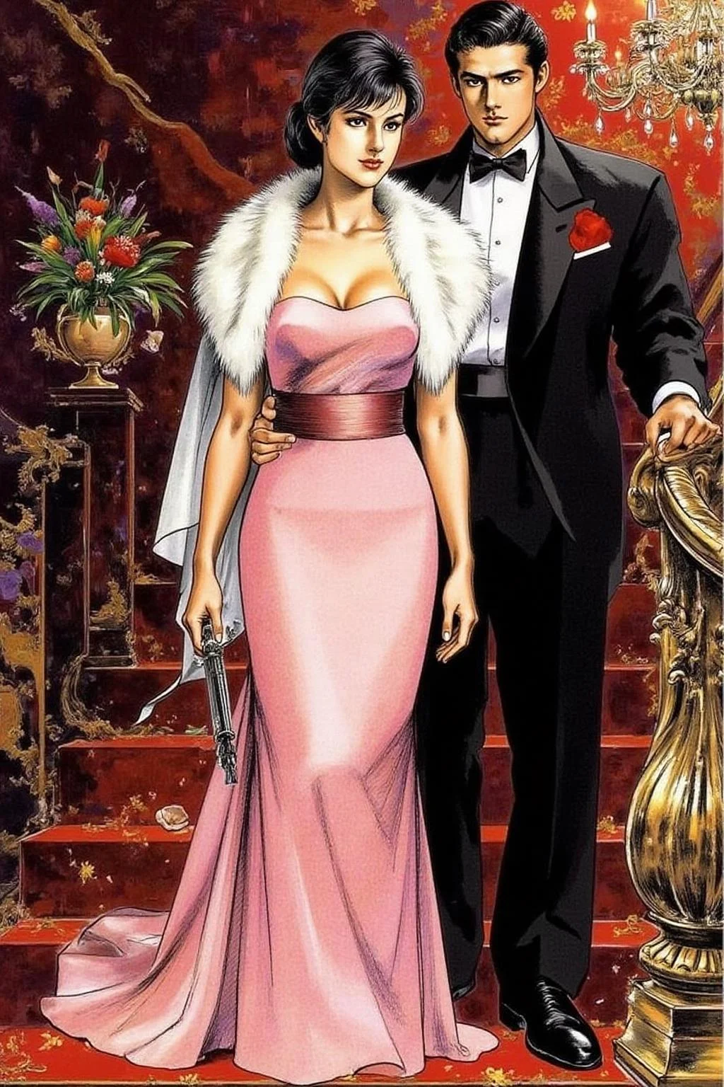 1keryo illustration.
A sophisticated woman and man in an opulent, ornate setting, standing on a staircase. The woman, positioned in the foreground, is dressed in a luxurious, form-fitting, light pink gown with a flowing, satin-like texture. She wears a white fur stole draped elegantly over her shoulders, which catches the light, giving it a soft, luminous quality. <lora:1keryo1_cap_d6a3e12:1.0><lora:826558205766366354:0>