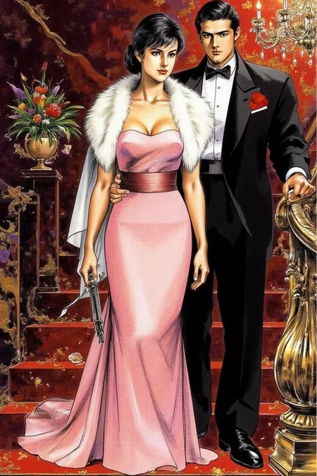1keryo illustration.
A sophisticated woman and man in an opulent, ornate setting, standing on a staircase. The woman, positioned in the foreground, is dressed in a luxurious, form-fitting, light pink gown with a flowing, satin-like texture. She wears a white fur stole draped elegantly over her shoulders, which catches the light, giving it a soft, luminous quality. <lora:1keryo1_cap_d6a3e12:1.0><lora:826558205766366354:0>