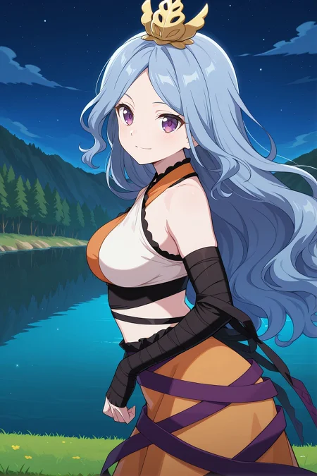 absurdres, highres, masterpiece, best quality, amazing quality, official anime artwork, screencap, anime screencap, outdoors, looking at viewer, light smile, dynamic pose, 
 <lora:Ubame-Chirizuka_Illustrious:1> chirizuka ubame, 1girl, solo, purple eyes, blue hair, long hair, wavy hair,, gold crown, bare shoulders, multicolored crop top, sleeveless shirt, black arm wrap, black ribbon, orange skirt, purple ribbon,
from the side, night, lake,