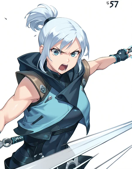 score_9, score_8_up, score_7_up, <lora:qb-concept-000020:1> 1girl, solo, cowboy shot, white background, simple background,
kunai, weapon, attack, open mouth, angry, motion lines
<lora:jett-ponyxl-000020:1> j37t, bodysuit, cropped jacket, hooded jacket, fingerless gloves