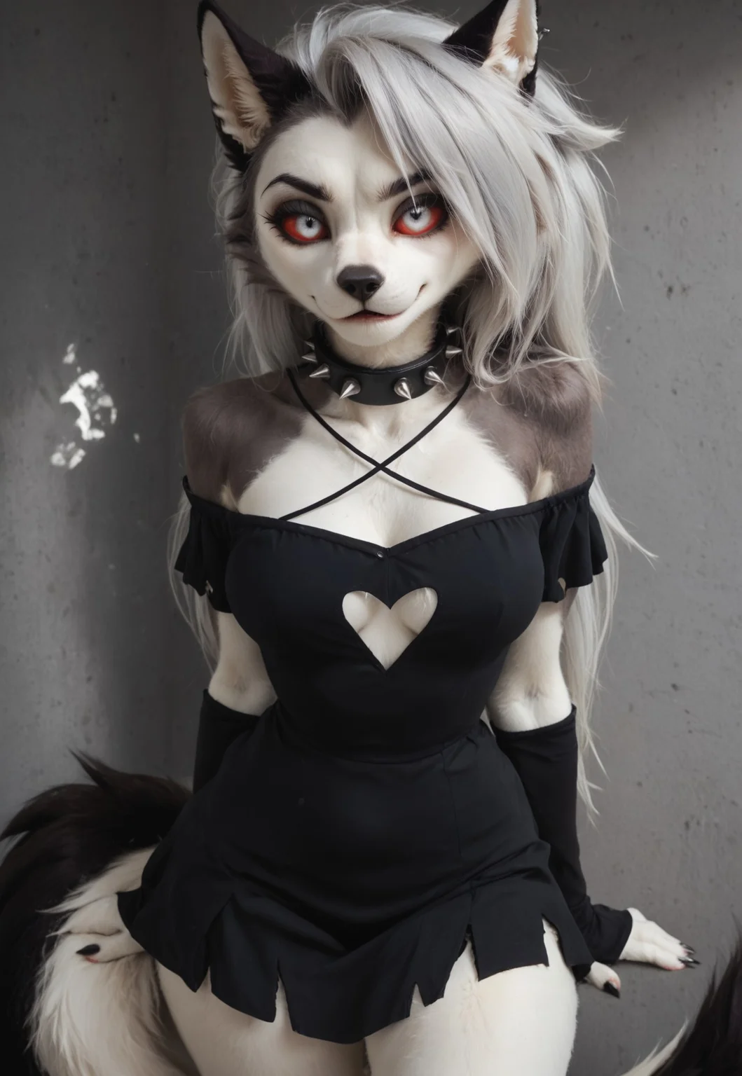 Masterpiece, best quality, amazing quality, female, furry, anthro, lidded eyes, realistic proportions,  fluffy fur, detailed fur, beautiful photo, realistic lighting, masterpiece, high quality, score_9, score_8_up, score_7_up, score_6_up, score_5_up, source_furry, tail, furry tail, loona_helluva_boss, furry, furry female, detailed eyes

smug, smile
silver HAIR, white EYES, RED SCLERA,
SPIKED COLLAR, PIERCED EYEBROW,
 DRESS,
