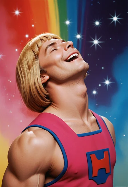 score_9, score_8_up, score_7_up, score_6_up, BREAK , <lora:He-Man_Pony:1>1boy, solo, he-man, blonde hair, 1boy, muscular male, male focus, upper body, pink vest, rainbow background, sparkles, open mouth, smile, (head back:1.3), blonde hair, closed eyes, blunt bangs