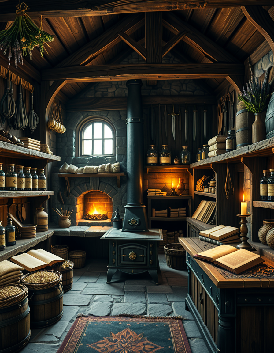 A highly detailed, realistic photograph of a medieval-style general store inspired by Skyrim, captured in soft, natural lighting. The interior features wooden beams and stone walls, aged and weathered, with shelves overflowing with various items: leather-bound books, glass potion bottles glowing faintly in green and blue hues, sacks of grains, and woven baskets filled with herbs. In the corner, a rustic fireplace crackles gently, casting warm, golden light across the room. Weapons like iron swords and steel daggers hang neatly on a wooden rack behind the counter, while a fur rug covers part of the worn wooden floor. On the wooden counter lies a small pile of gold coins beside an old ledger, with a candle burning low. The window shows a misty, pine-filled landscape outside, with soft daylight filtering through. The atmosphere feels cozy, immersive, and authentically Nordic, with rich textures, muted earthy colors, and a slightly cinematic fantasy style. No people are present, only the quiet ambiance of a world at rest.
<lora:SDXLFaeTastic2400:0.4> <lora:extremely_detailed:0.4> extremely detailed,<lora:skyrim_general_st0r3:1>,skyrim general st0r3, Masterpiece,best quality,hi res,8k,hi res,8k,award winning,(sharp focus, intricate, highly detailed),