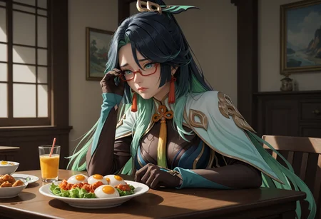 score_9, score_8_up, score_7_up, detailed BREAK 1girl, xianyun \(genshin impact\), aqua eyes, black hair, breasts, colored inner hair, earrings, glasses, gloves, green hair, long sleeves, multicolored hair, red-framed eyewear, semi-rimless eyewear, two-tone hair, very long hair, crying, sad, sitting, table, fried egg, holding food <lora:Xianyun_genshin_V1:1>