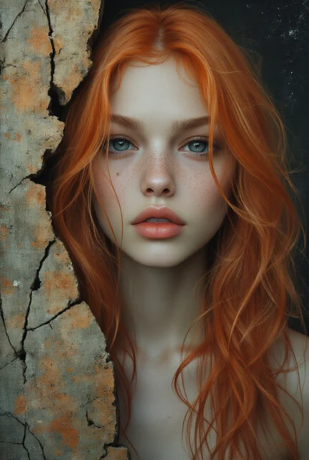 designed by Scott Rohlfs, In the heart of a magical world, a woman (Aliciaw90) with long ginger hair and sparkling grey eyes gazes out from behind a canvas. Bombacore, <lora:midjourney_whisper_flux_lora_v01:1>, <lora:lora:1>, <lora:Aliciaw90:1>