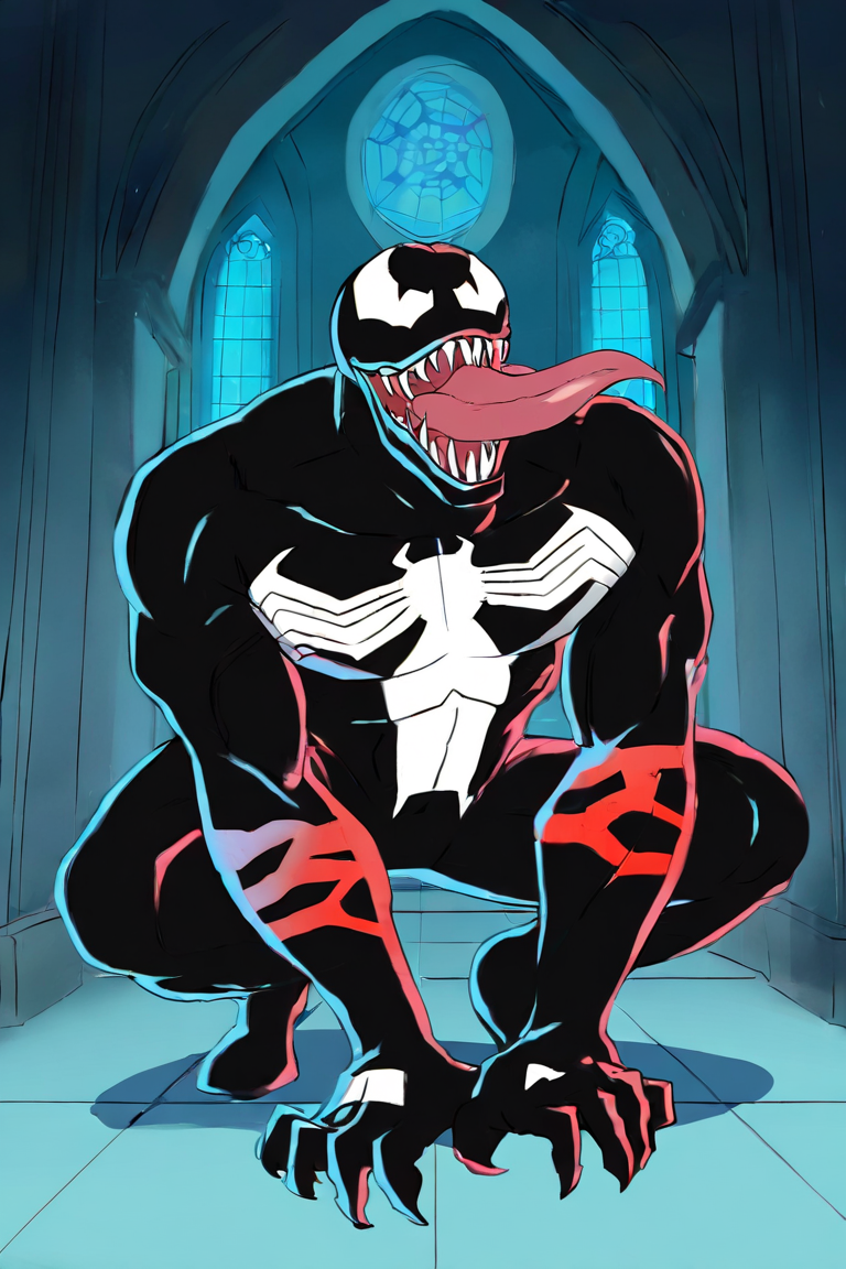 masterpiece, best quality, highres, newest, venom, 1boy, solo, male focus, muscular male, monster boy, symbiote, spider print, bodysuit, black bodysuit, slit pupils, open mouth, teeth, sharp teeth, tongue, tongue out, looking at viewer, squatting, full body, indoors, church <lora:Venom (Eddie Brock) Spider-Man TAS v1.2 [LoRA] - NoobAI-XL EPS 1.0:0.8>
