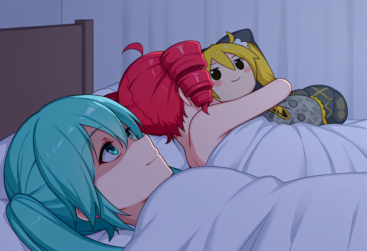 (masterpiece, best quality, amazing quality), absurdres, very awa, 500_dollar_four_foot_tall_mareep, 2girls, pillow, bed, blanket, under covers,
BREAK
kasane teto, object hug, stuffed toy, akita neru plushie,
BREAK
hatsune miku, smile, looking up, partially shaded face, 
<lora:500_dollar_four_foot_tall_mareep_meme:1>
