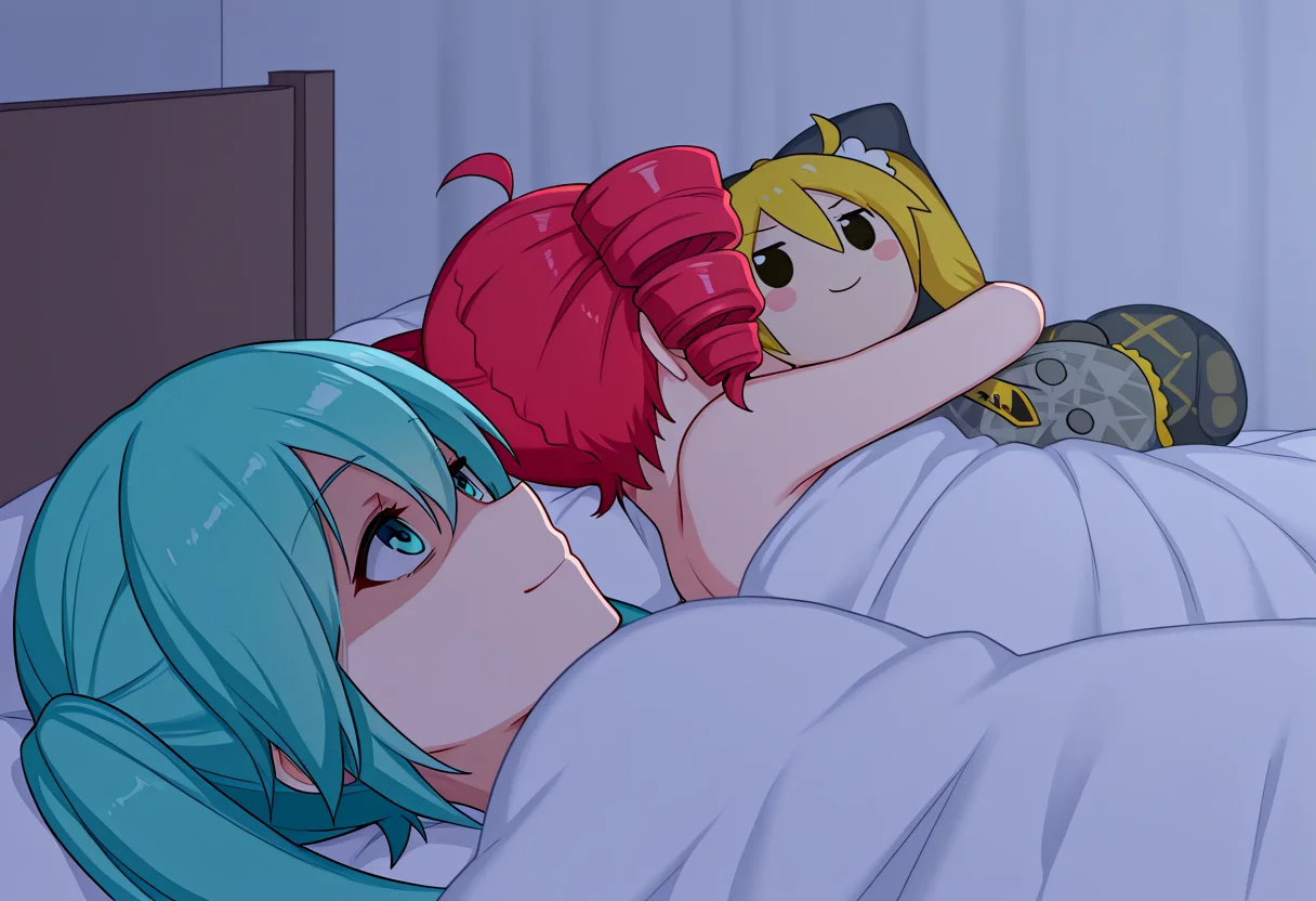 (masterpiece, best quality, amazing quality), absurdres, very awa, 500_dollar_four_foot_tall_mareep, 2girls, pillow, bed, blanket, under covers,
BREAK
kasane teto, object hug, stuffed toy, akita neru plushie,
BREAK
hatsune miku, smile, looking up, partially shaded face, 
<lora:500_dollar_four_foot_tall_mareep_meme:1>