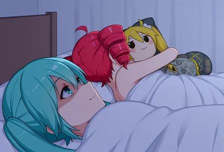 (masterpiece, best quality, amazing quality), absurdres, very awa, 500_dollar_four_foot_tall_mareep, 2girls, pillow, bed, blanket, under covers,
BREAK
kasane teto, object hug, stuffed toy, akita neru plushie,
BREAK
hatsune miku, smile, looking up, partially shaded face,
<lora:500_dollar_four_foot_tall_mareep_meme:1>