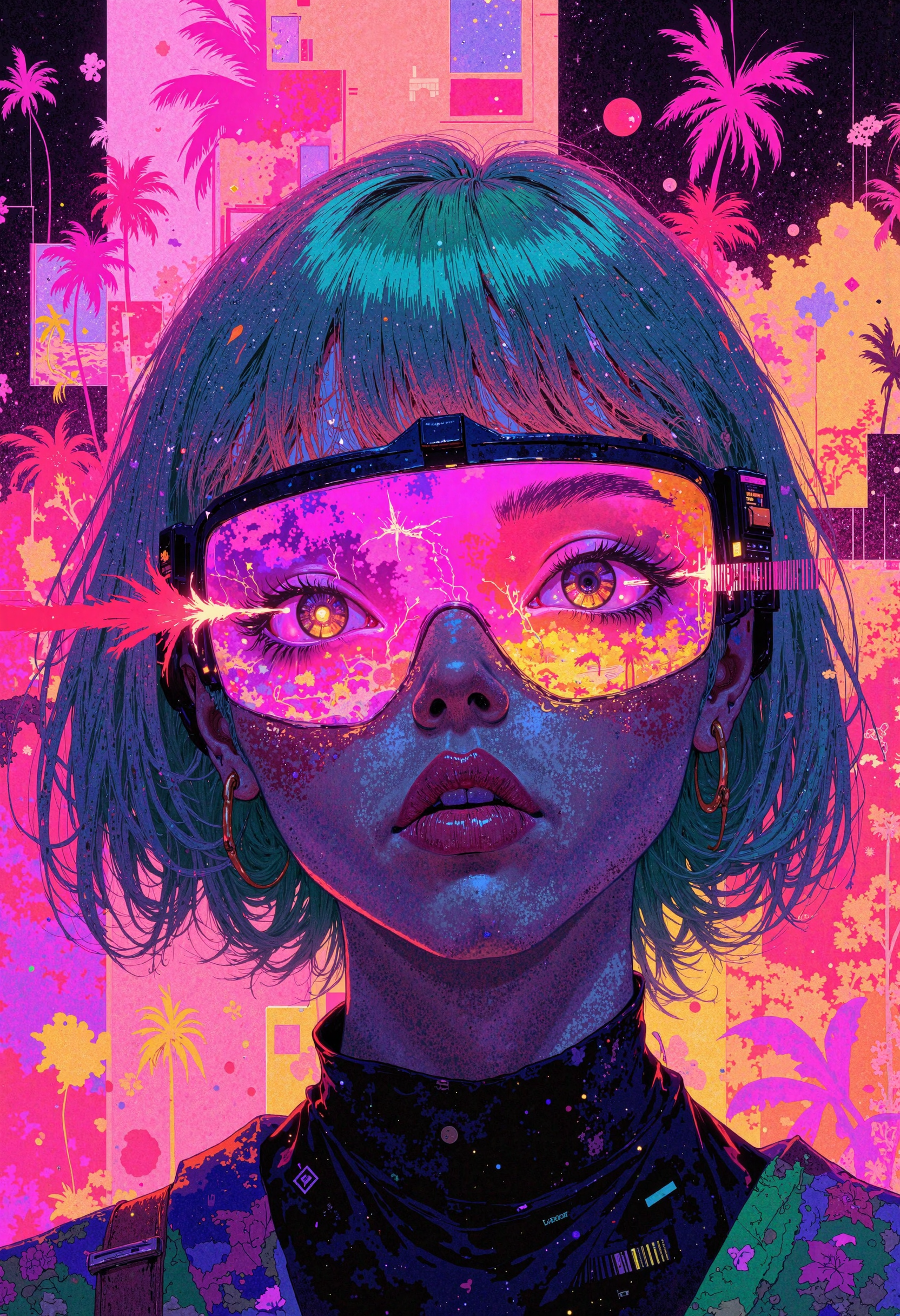 masterpiece, high-quality, visionary vaporwave collage, The camera zooms tightly on the reflective, crystalline visor of an androgynous traveler, revealing neon-tinted fractals that unfold within their gaze. Short, pastel-green hair frames their face, the strands outlined by bold magenta and turquoise lighting. Ghostly palm trees and retro computer grids overlap in semi-transparent layers behind them, creating an abstract dreamscape of glitchy pinks and purples. Faint audio visualizer bars pulse across the visorâs surface, suggesting a hypnotic synthwave beat. The hyperdetailed layering of vibrant colors, pixel artifacts, and hazy palm silhouettes evokes a sense of electronic transcendence and retro-futuristic wonder, <lora:FLUX\Anime v1.3:0.5> <lora:FLUX\FLUX-daubrez-DB4RZ:0.3> <lora:FLUX\VividlySurrealOrigin:0.6>