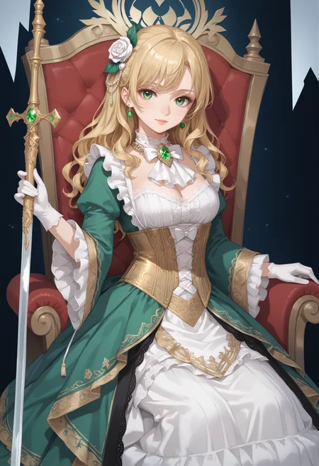1girl,solo,
(score_9,score_8_up,score_7_up, source_anime,rating_all),anime,
BREAK
tarot \(card\),tarot,throne,sword,
sitting,holding sword,
front view,
<lora:lom-andrey-hall-pony6-xl-flyingdeer-e13p-r1:0.6>,
AndreyHall,
blonde hair,long hair,wavy hair,
hair ornament,(hair flower, white rose),
green eyes,
necklace,jewelry,
(bow, white bow),
(gloves, white gloves),
green gemstone,
white ascot,
brooch,frills,lace trim,
(dress, green dress, white dress),
corset,
(long sleeves, wide sleeves),
fantasy,