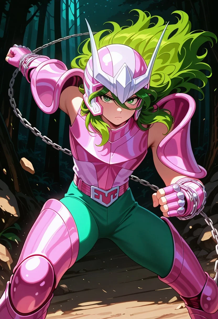 masterpiece, best quality, amazing quality, very aesthetic, absurdres, newest, ANDRSHUNV1, 1boy, slender figure, pink pauldrons, pink two pronged helmet, long wavy green hair, green eyes, pink sleeveless armor, pink vambraces, fingerless pink gloves, pink thighhigh greaves, green pants, pink belt, pink boots, chains, serious, action pose, looking at viewer