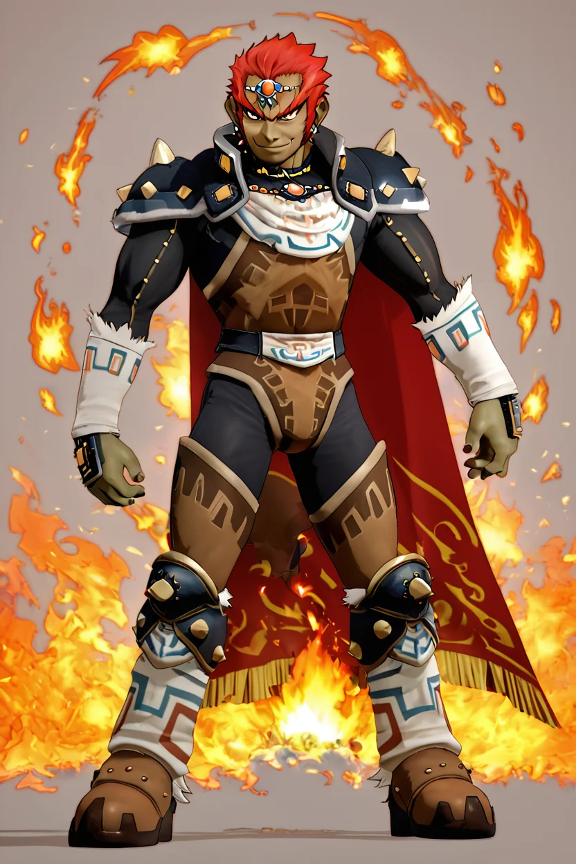 score_9, score_8_up, score_8, BREAK, , ,,, zzGanondorf, 1boy, red hair, dark skin, armor, gloves, jewelry, boots, muscular, shoulder pads, short hair, cape, muscular, fire, aura, <lora:Ganondorf_OoTZelda_PDXL:0.8>, ,,,, BREAK, smile, closed mouth, looking at viewer, cowboy shot, ,,, embedding:zPDXL, Expressiveh, ,,, <lora:MantisStyle_PDXL_v2:0.8>, <lora:SDXLFaeTastic2400:0.5>, <lora:Expressive_H-000001:0.4>,