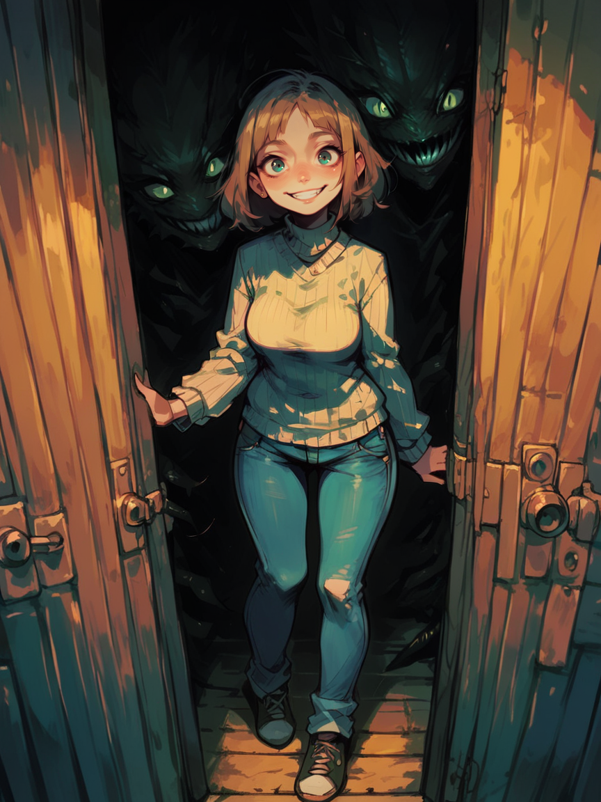 score_9, score_8_up, score_7_up, score_6_up, monster, smile, <lora:cr33pp41ntXLP:1> cr33pp41nt, dark, doorway, curvy, sweater, jeans